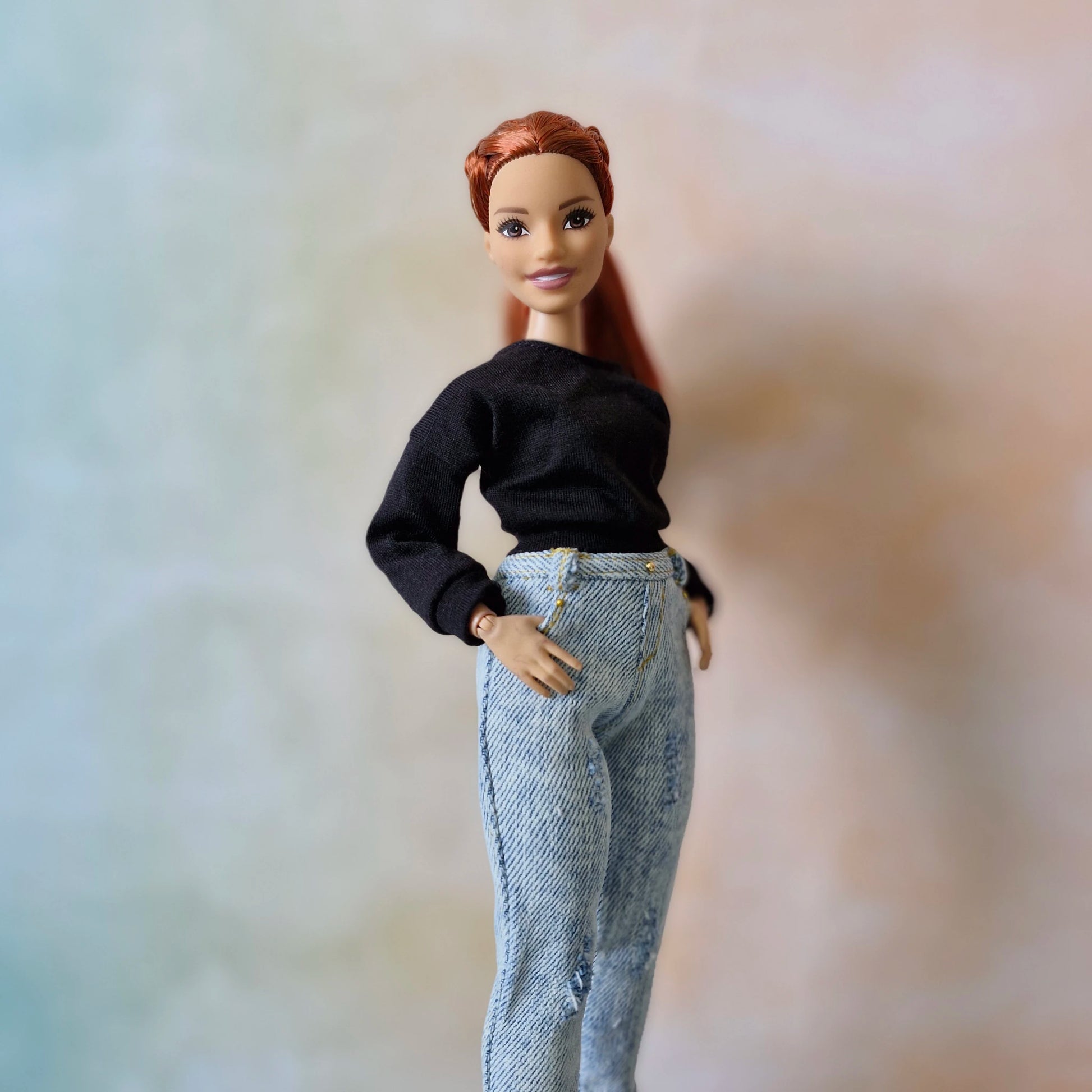Trendy black top and ripped white jeans for Curvy Barbie fashion doll
