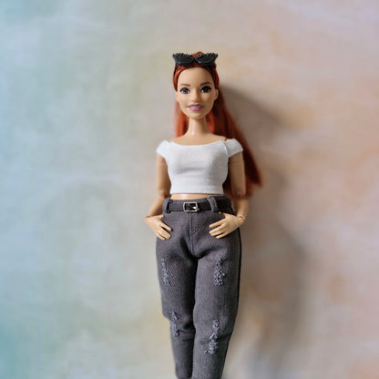 Distressed Grey Jeans & White Crop Top Set Curvy Barbie doll