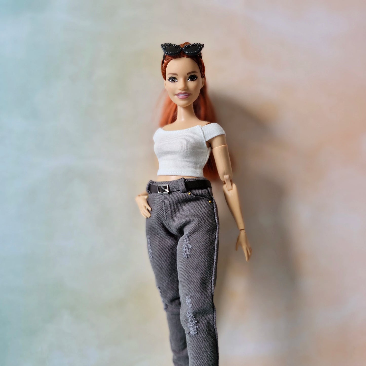 Distressed Grey Jeans & White Crop Top Set Curvy Barbie doll