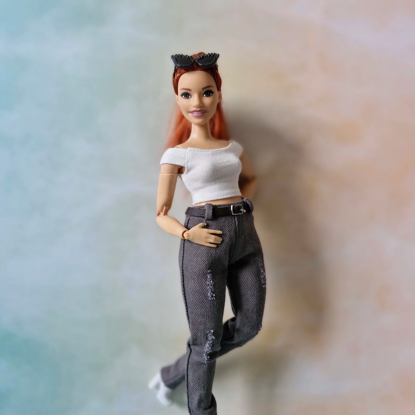 Distressed Grey Jeans & White Crop Top Set Curvy Barbie doll