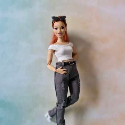 Distressed Grey Jeans & White Crop Top Set Curvy Barbie doll