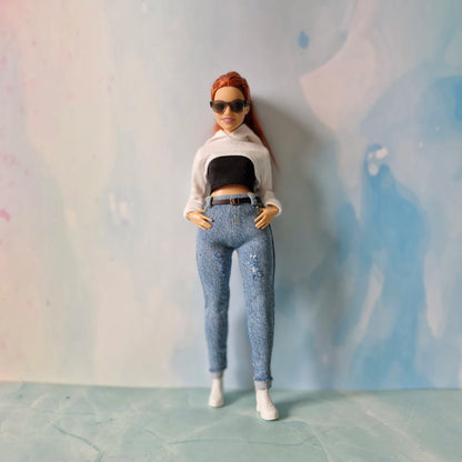 Barbie Curvy Hoodie Set – White Crop Hoodie, Black Tube Top & Jeans