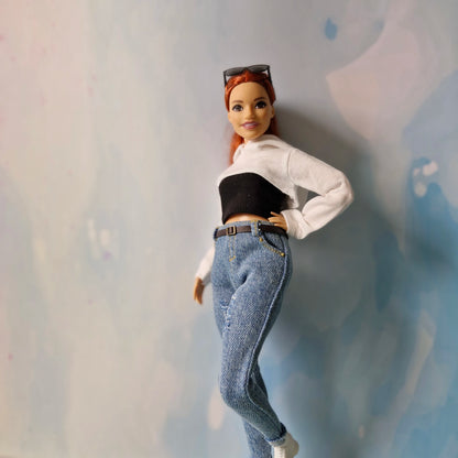 Barbie Curvy Hoodie Set – White Crop Hoodie, Black Tube Top & Jeans