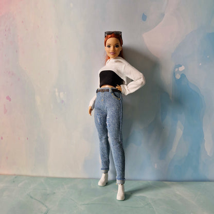 Barbie Curvy Hoodie Set – White Crop Hoodie, Black Tube Top & Jeans