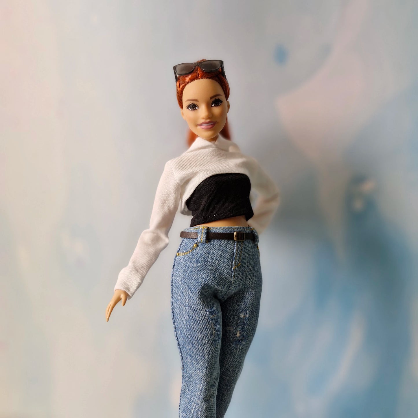 Barbie Curvy Hoodie Set – White Crop Hoodie, Black Tube Top & Jeans