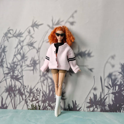 Barbie Casual Layered Outfit – Cardigan, Crop Top & Distressed Shorts