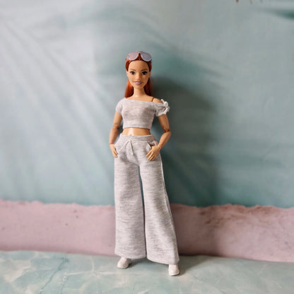 barbie casual grey set with knit crop top and comfy pants
