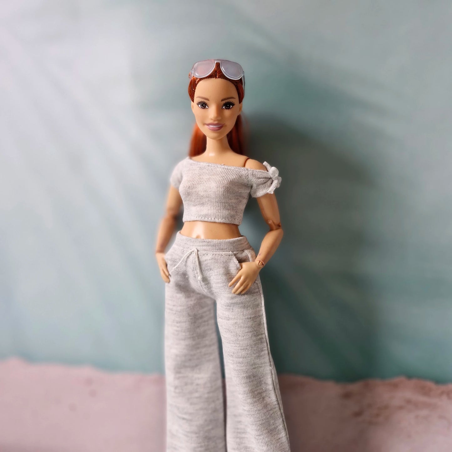 barbie casual grey set with knit crop top and comfy pants
