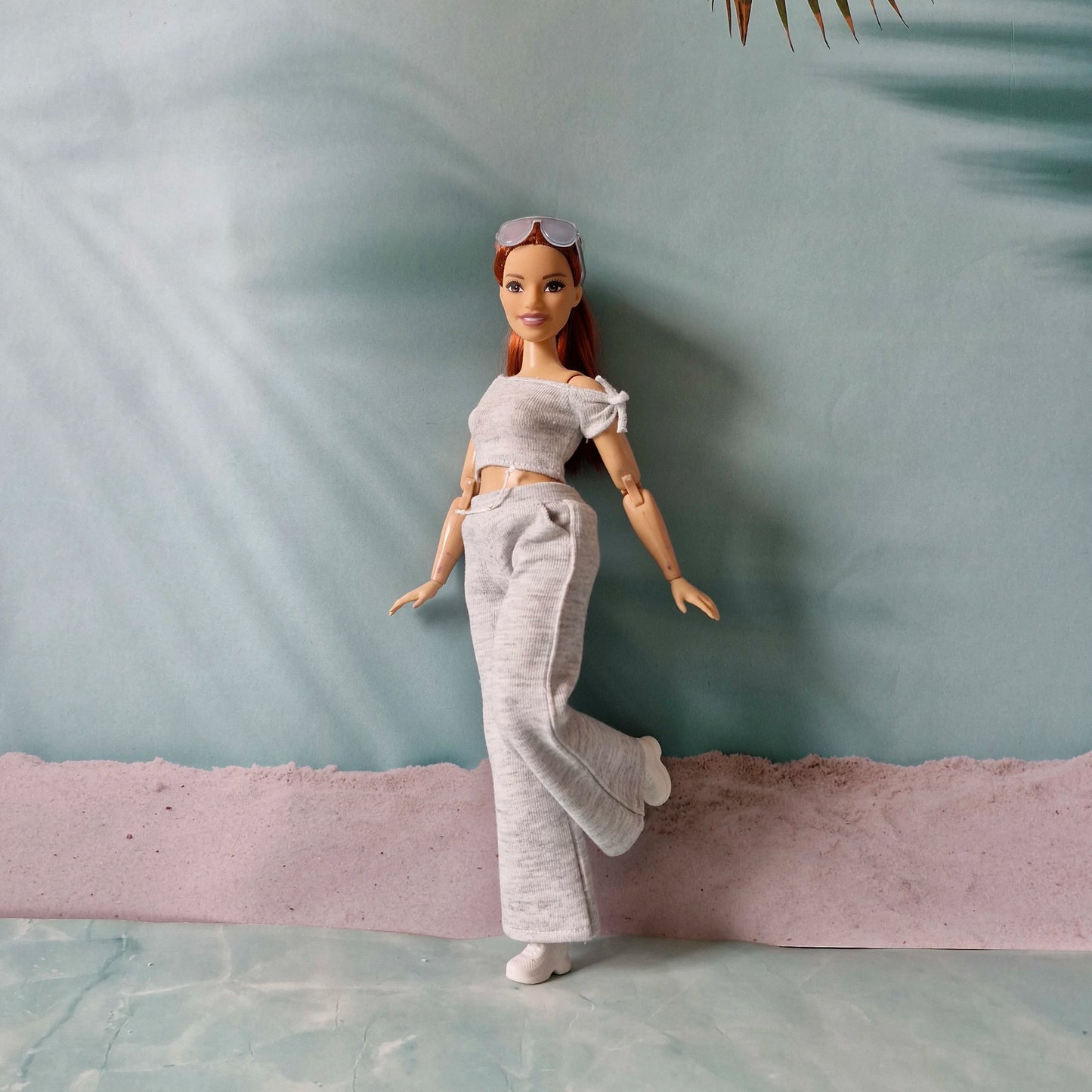 barbie outfit grey off shoulder top and sweatpants set
