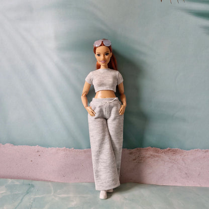 barbie lounge wear grey crop top and wide leg sweatpants
