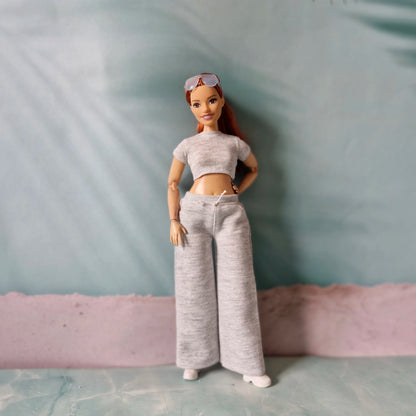 barbie grey off shoulder top with drawstring sweatpants