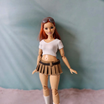 curvy barbie outfit beige pleated mini skirt white crop top