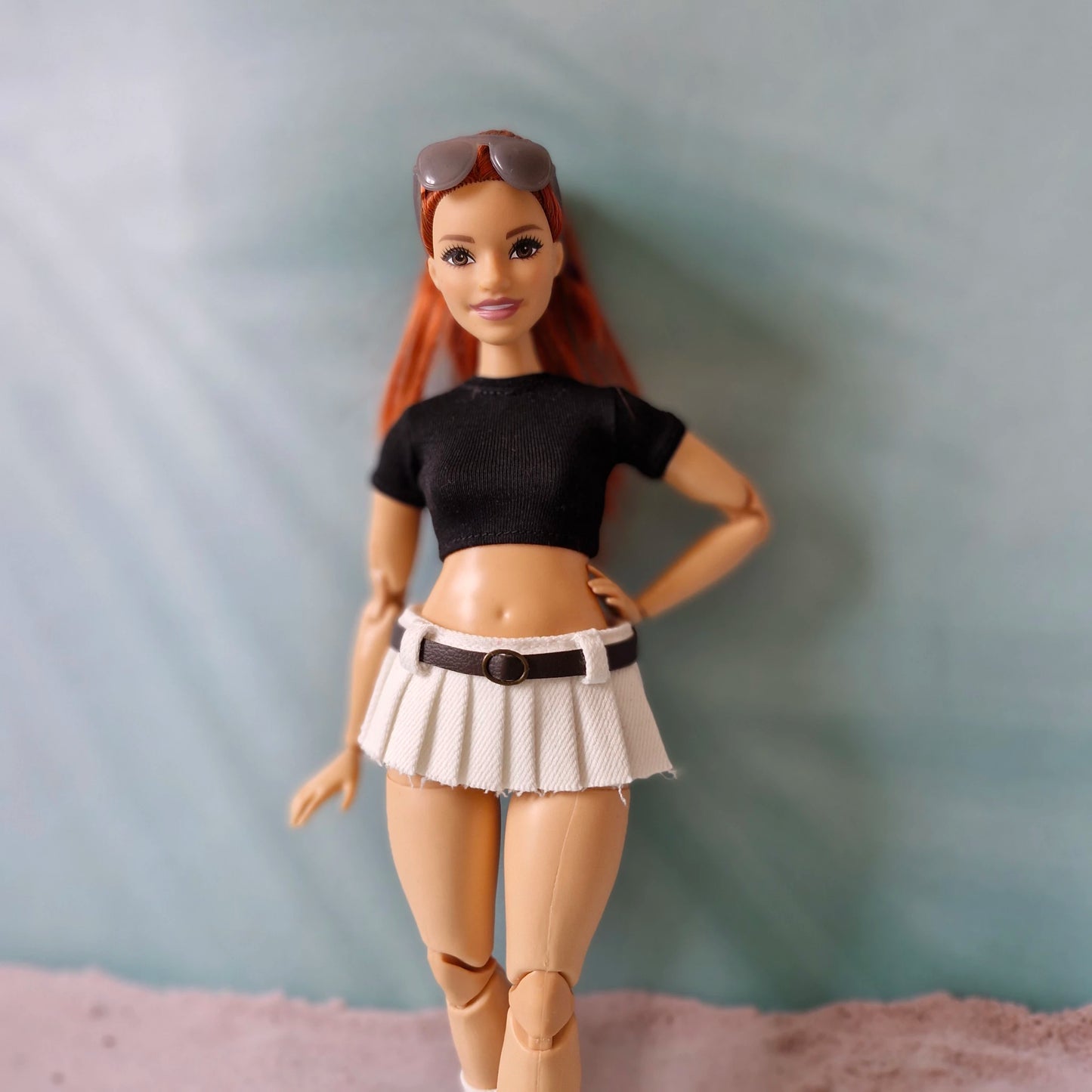 curvy barbie outfit white pleated skirt black crop top