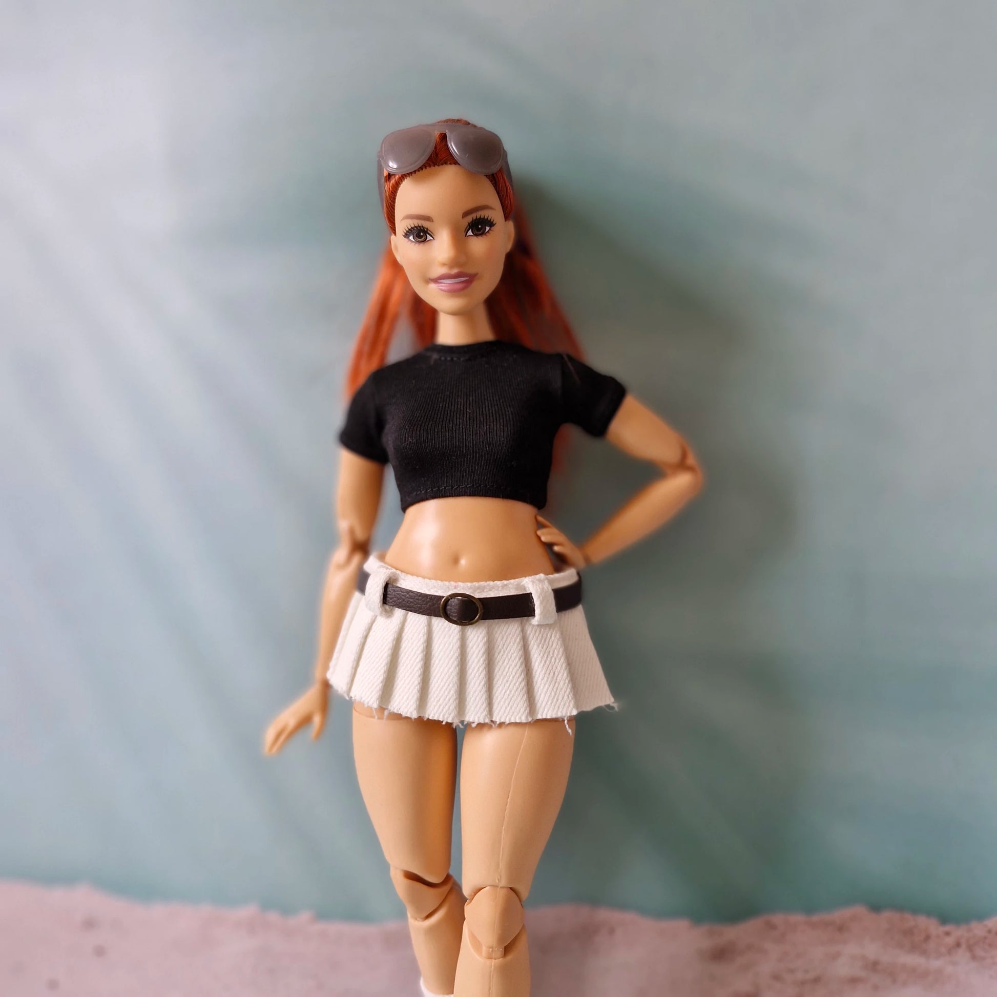 curvy barbie outfit white pleated skirt black crop top