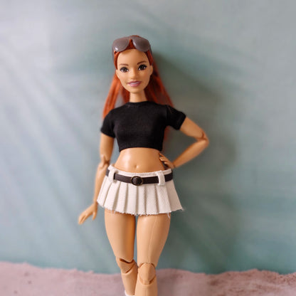 curvy barbie outfit white pleated skirt black crop top