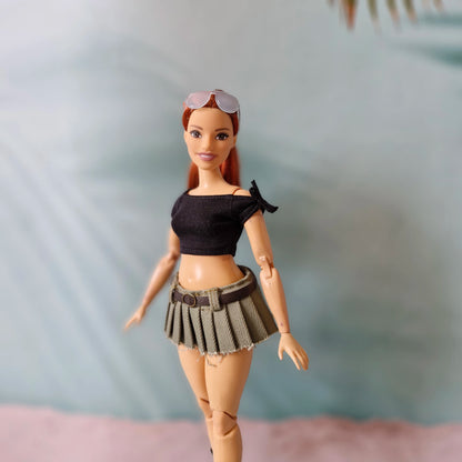 curvy barbie outfit olive pleated skirt black top