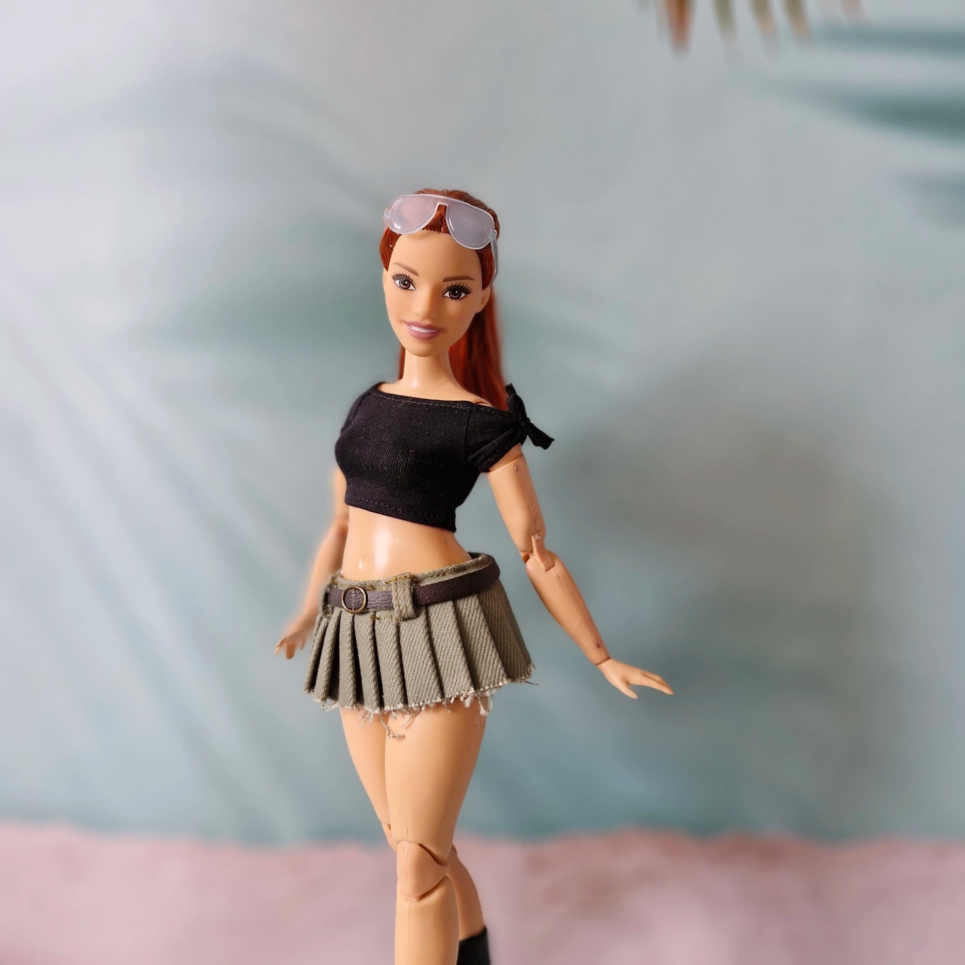 curvy barbie outfit olive pleated skirt black top