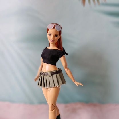 curvy barbie outfit olive pleated skirt black top