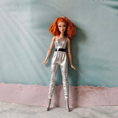 Metallic silver one shoulder jumpsuit for Barbie doll authentic fashion
