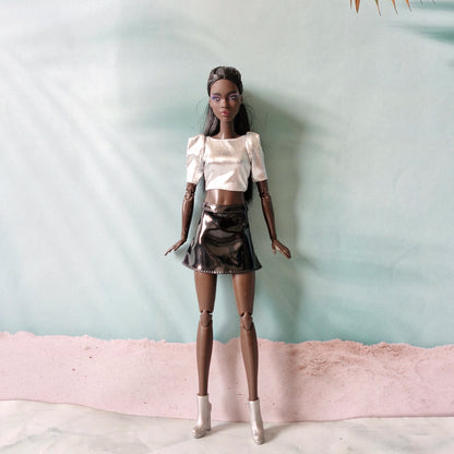 Unused Barbie outfit black vinyl skirt and silver top removed from box