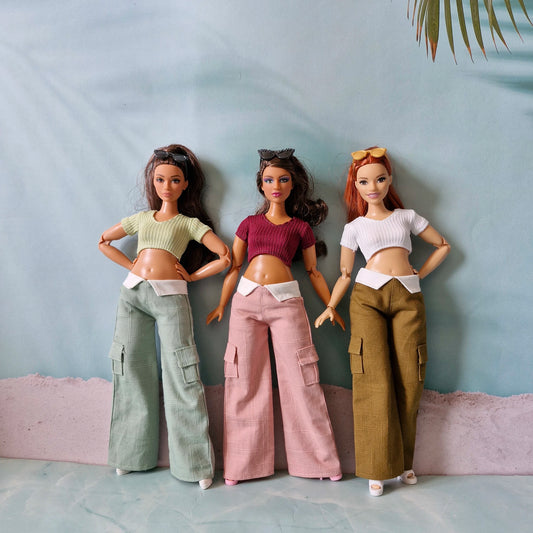 Collection of Curvy fashion dolls modeling trendy streetwear separates in earth tones and pink