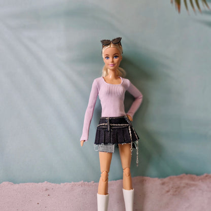 Trendy Barbie Separates: Ribbed Top & Chain Belt Mini Skirt