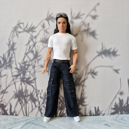 Ken doll wearing a classic white t-shirt and dark indigo wide-leg cargo denim pants