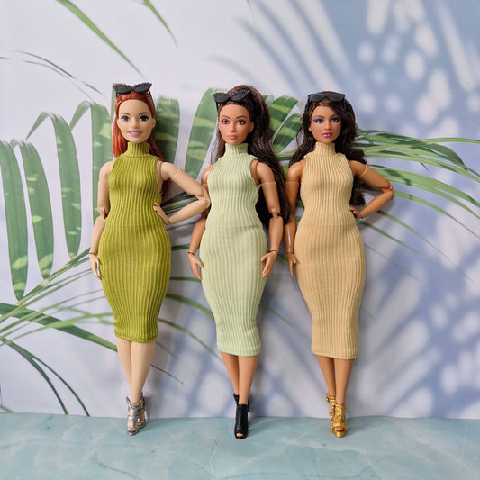 Curvy Barbie doll wearing a stylish hoodless casual dress