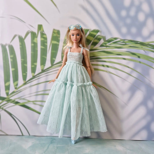 Barbie Curvy compatible mint lace maxi dress displayed on blonde fashion doll