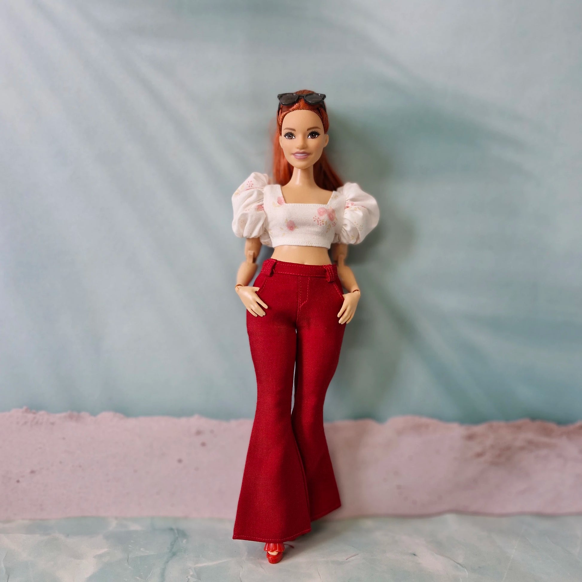 Retro red bell bottom outfit for Curvy Barbie doll with floral puff sleeve crop top