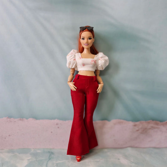 Retro red bell bottom outfit for Curvy Barbie doll with floral puff sleeve crop top