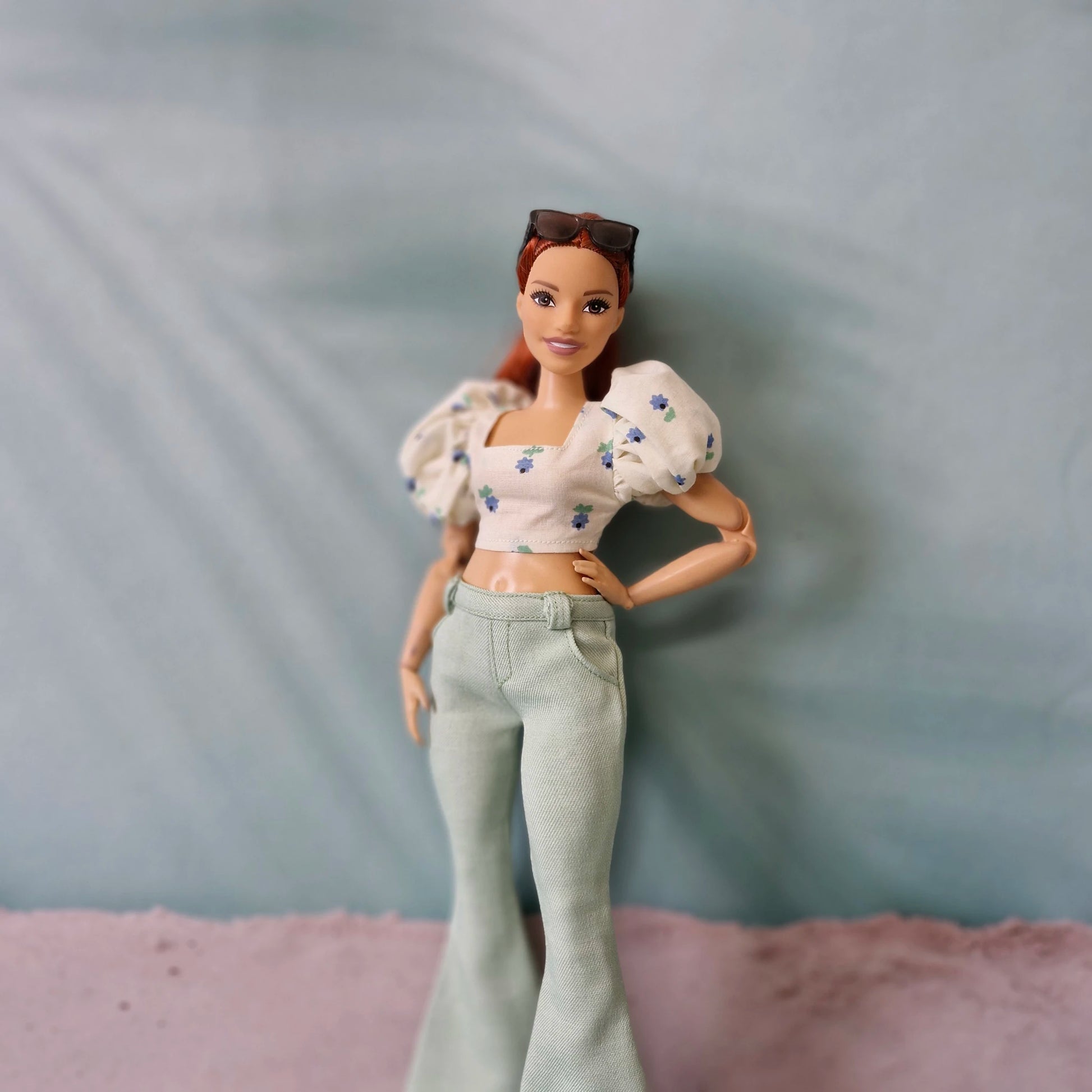 Close up mint green retro outfit for Curvy Barbie doll with puff sleeve top