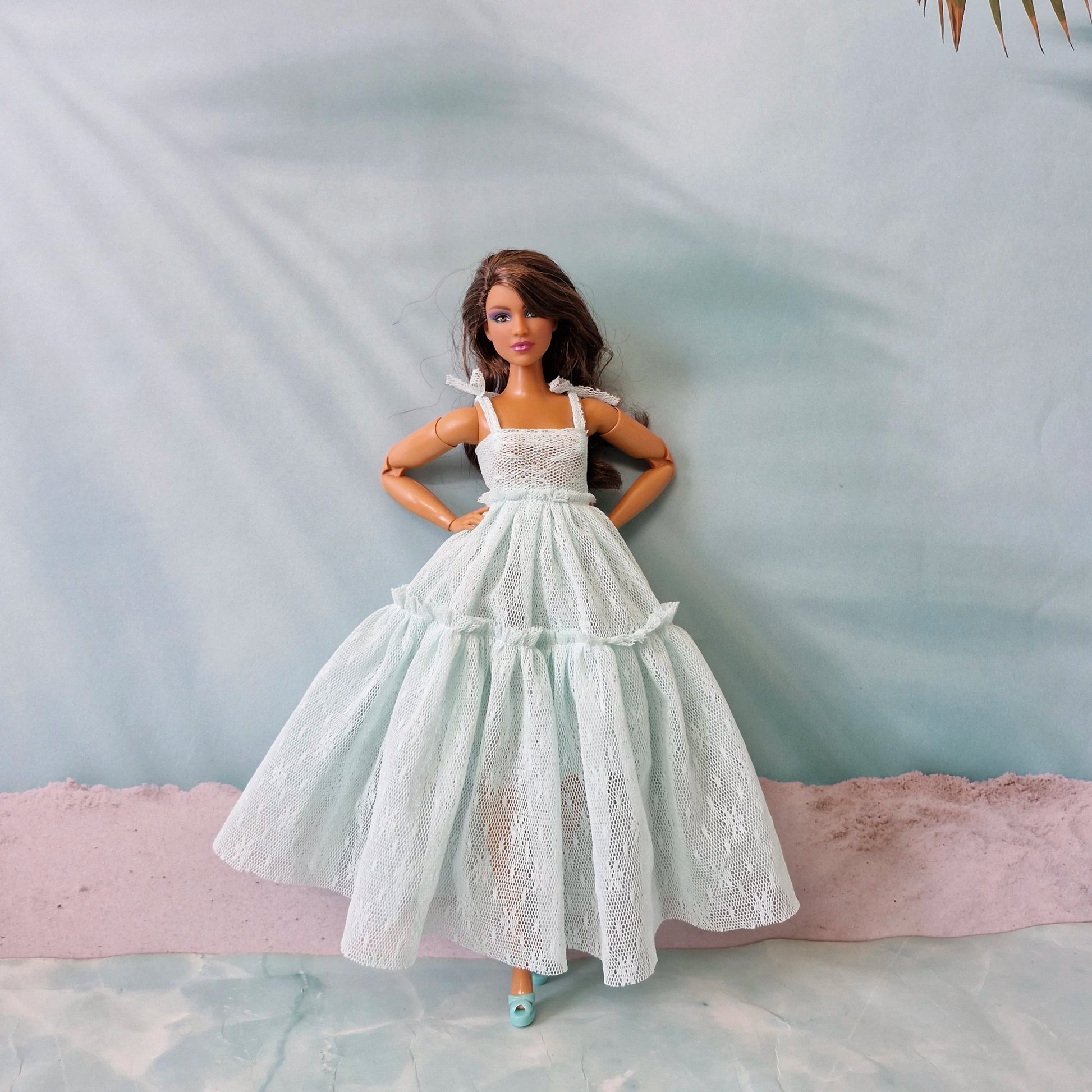 Elegant pastel mint maxi dress for Barbie doll photography and collectors