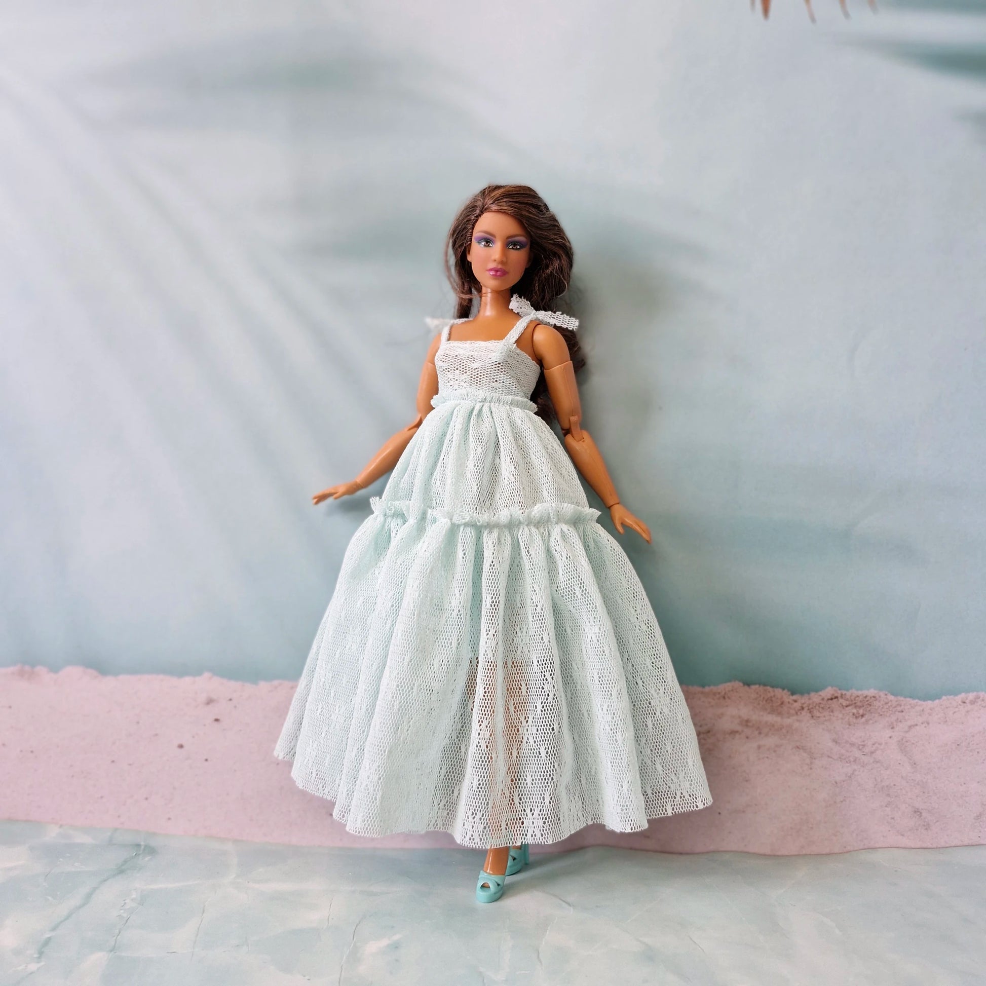 Handmade mint lace tiered gown for Barbie and curvy fashion dolls
