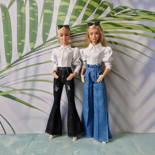 White Puff-Sleeve Top & Denim Jeans Clothes for Barbie