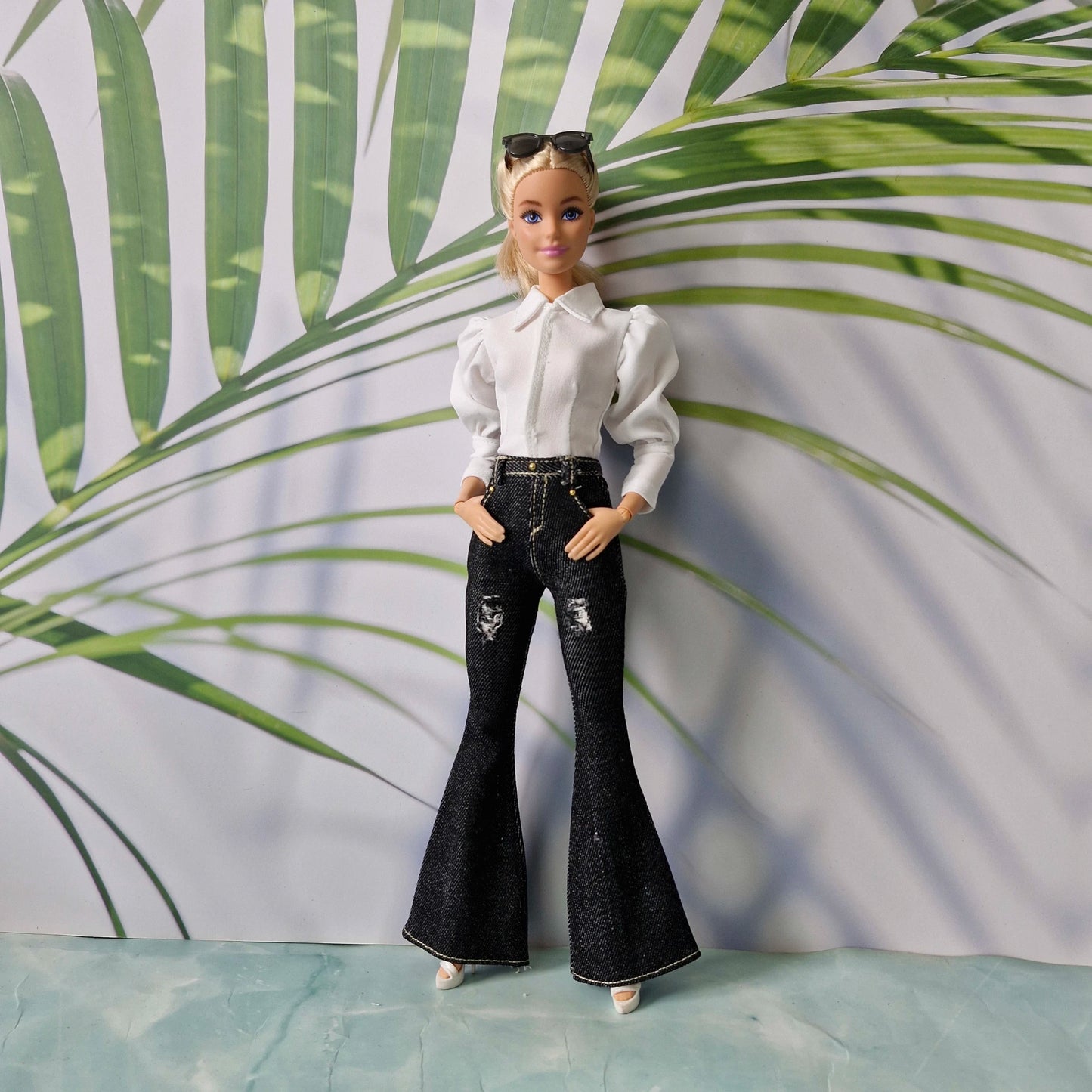 White Puff-Sleeve Top & Denim Jeans Clothes for Barbie