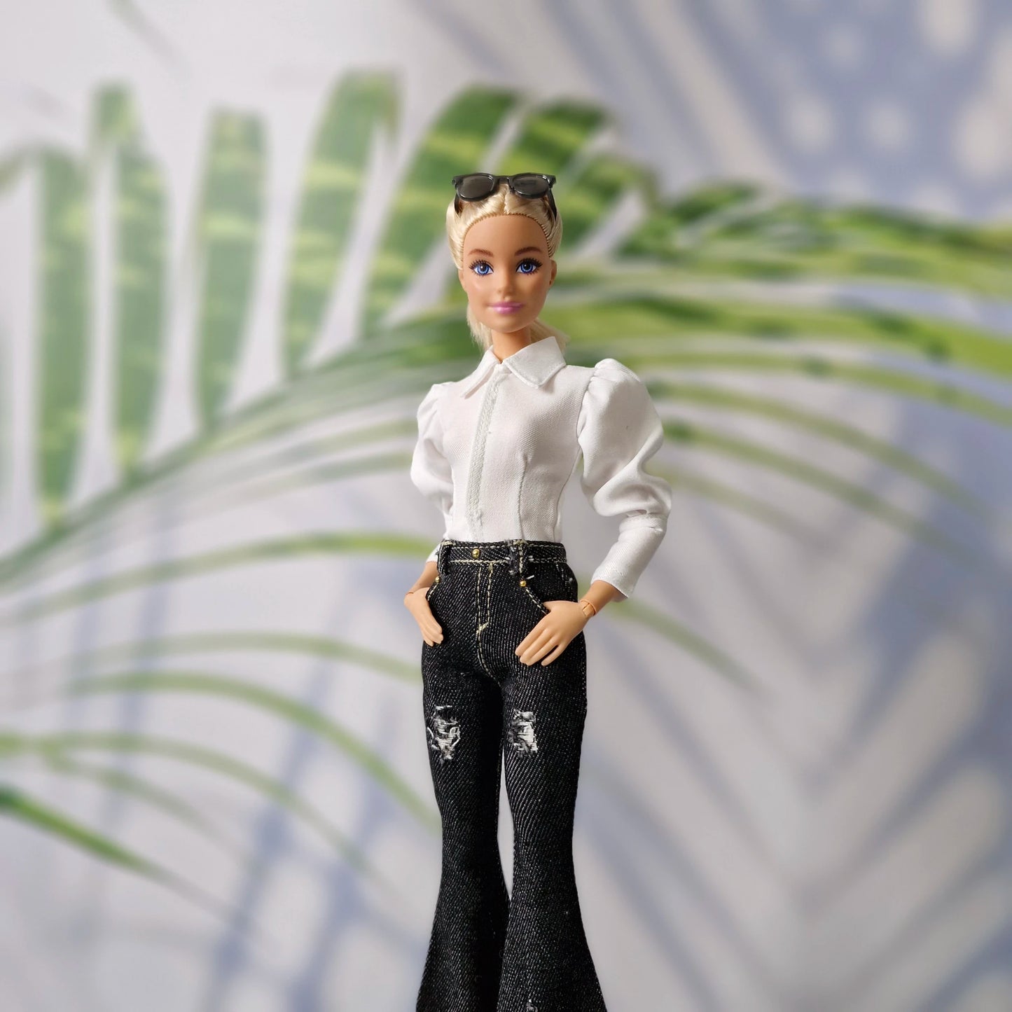 White Puff-Sleeve Top & Denim Jeans Clothes for Barbie