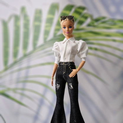White Puff-Sleeve Top & Denim Jeans Clothes for Barbie