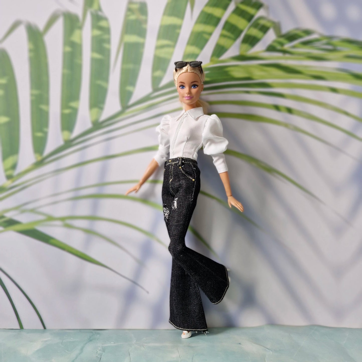 White Puff-Sleeve Top & Denim Jeans Clothes for Barbie
