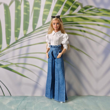 White Puff-Sleeve Top & Denim Jeans Clothes for Barbie