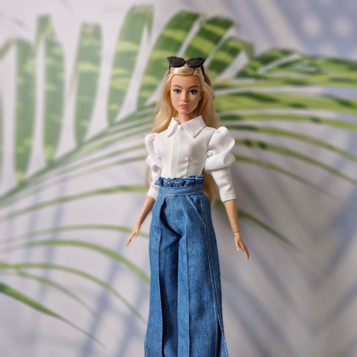 White Puff-Sleeve Top & Denim Jeans Clothes for Barbie