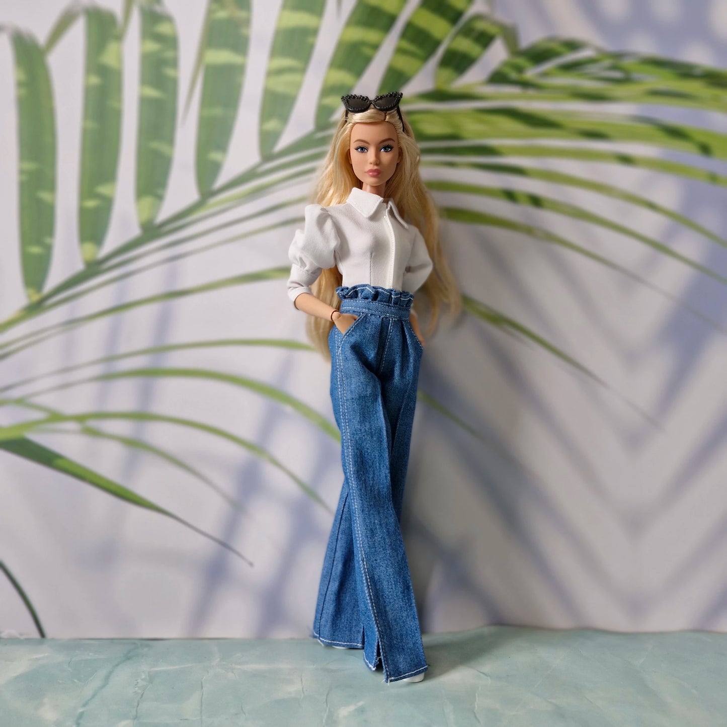 White Puff-Sleeve Top & Denim Jeans Clothes for Barbie