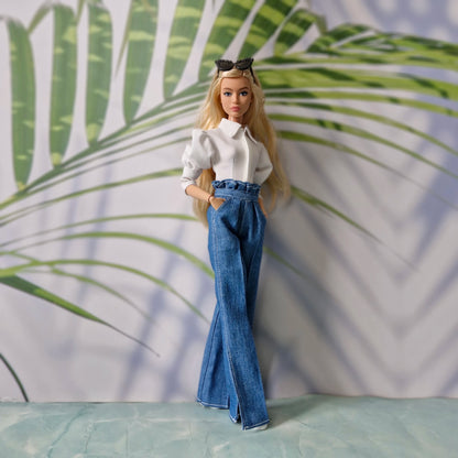 White Puff-Sleeve Top & Denim Jeans Clothes for Barbie