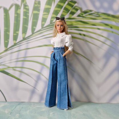 White Puff-Sleeve Top & Denim Jeans Clothes for Barbie