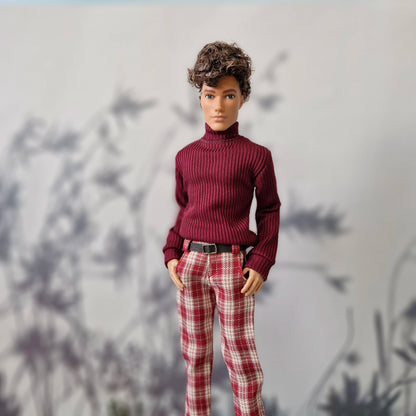 Handsome doll modeling a dark red ribbed sweater and red plaid pants outfit for Ken.