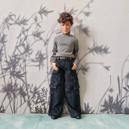 Stylish everyday outfit showcasing a grey turtleneck sweater and dark cargo jeans for Ken.