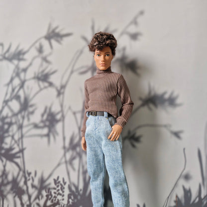 Casual everyday fashion featuring a brown turtleneck and light denim pants for Ken.