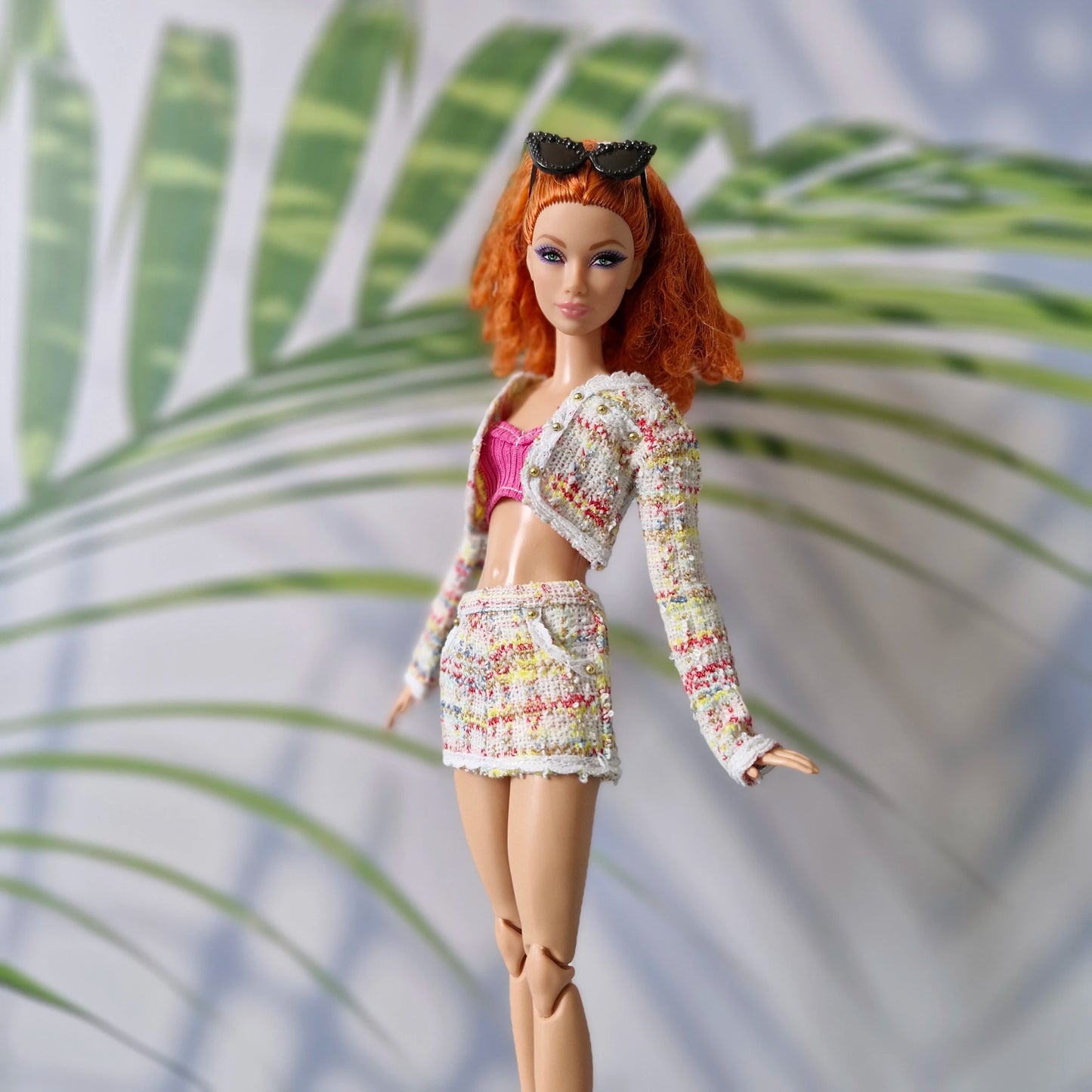 11.5 inch fashion doll wearing a vibrant multicolor tweed 3-piece outfit set for Barbie.