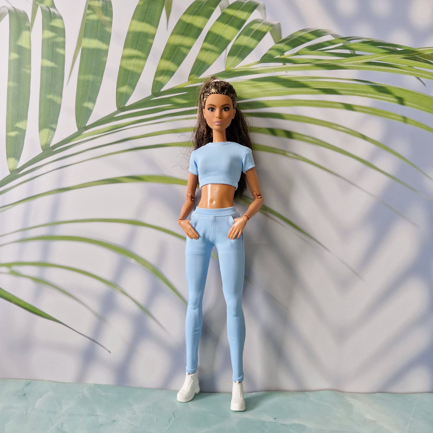 Curvy fashion doll wearing casual light blue loungewear ribbed separates tailored specifically for Curvy.