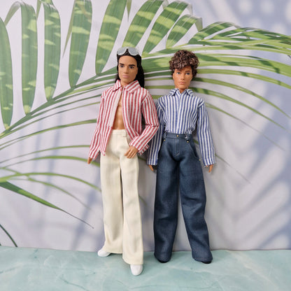 Two Ken dolls displaying handmade 1/6 scale striped shirts and tailored trousers.